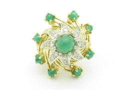 LIV 18k Yellow Gold & Diamonds Emerald Cabochon Cocktail Vintage Design Dome Ring Gift