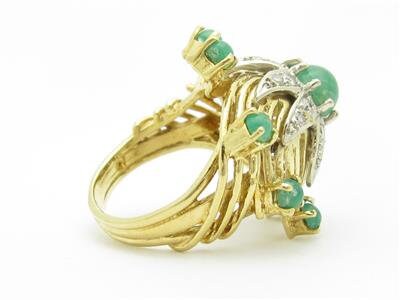 LIV 18k Yellow Gold & Diamonds Emerald Cabochon Cocktail Vintage Design Dome Ring Gift