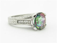 LIV 14k White Gold & Diamonds Oval Mystic Topaz Vintage Design Pave Ring Bridal Gift