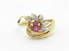 LIV 14k Yellow Gold & Diamond Red Ruby Vintage Design Cocktail Band Ring Gift