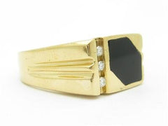 LIV 14k Yellow Gold & Diamonds Black Onyx Men's Band Abstract Design Ring Gift