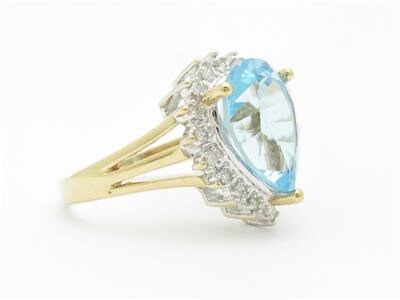 LIV 14k Yellow Gold & Diamond Blue Topaz Pear Shape Halo Design Large Stone Ring