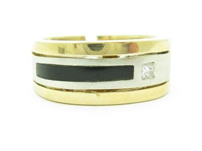 LIV 14k Two Tone Gold & Princess Diamond Modern Design Black Onyx Men's Band Ring