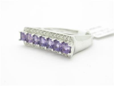 LIV 14k White Gold & Diamond Purple Amethyst Princess Cut Modern Design Band Ring