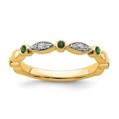 LIV 14k Yellow Gold Diamonds & Green Emeralds 2.50mm Wide Stackable Band Ring