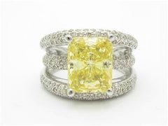 LIV 14k White Gold & Diamonds Wide Design Radiant Cushion Yellow Sapphire Band Ring