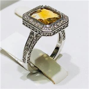 LIV 14k White Gold & Diamonds 1.56ct G-SI1 Golden Topaz 3.98ct Emerald Halo Ring