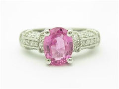 LIV 14k White Gold & Diamonds Pink Sapphire Oval Halo Pave Set Vintage Style Ring