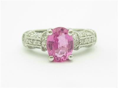 LIV 14k White Gold & Diamonds Pink Sapphire Oval Halo Pave Set Vintage Style Ring