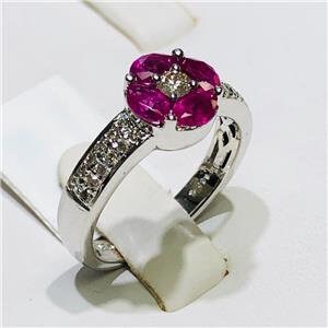 LIV 14k White Gold & Diamonds 0.40ct Red Ruby 1.03ct Round Halo Band Ring