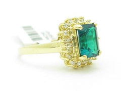 LIV 14k Solid Yellow Gold Simulated Green Emerald & Diamond Vintage Design Halo Ring