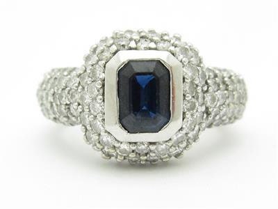 LIV 14kt White Gold Genuine White Diamond Blue Sapphire Emerald Cut Halo Ring Gift