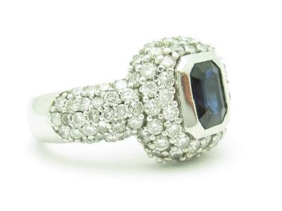 LIV 14kt White Gold Genuine White Diamond Blue Sapphire Emerald Cut Halo Ring Gift
