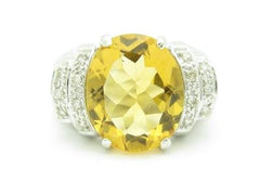 LIV 14kt White Gold Genuine White Diamond Golden Citrine Large Oval Stone Ring Gift