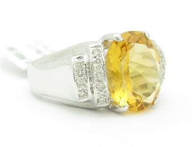 LIV 14kt White Gold Genuine White Diamond Golden Citrine Large Oval Stone Ring Gift