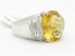 LIV 14kt White Gold Genuine White Diamond Golden Citrine Large Oval Stone Ring Gift