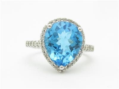 LIV 14kt White Gold Genuine Diamond & Blue Topaz Halo Design Pear Shape Ring Gift