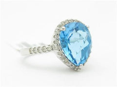 LIV 14kt White Gold Genuine Diamond & Blue Topaz Halo Design Pear Shape Ring Gift