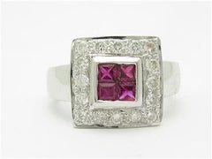 LIV 14kt White Gold Genuine Diamond & Red Ruby Halo Design Princess Cut Ring Gift