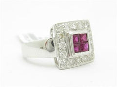 LIV 14kt White Gold Genuine Diamond & Red Ruby Halo Design Princess Cut Ring Gift