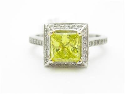 LIV 14kt White Gold 1.05ct Yellow Diamond Halo Engagement Princess Cut Pave Ring New
