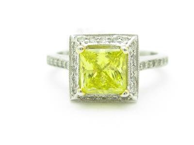 LIV 14kt White Gold 1.05ct Yellow Diamond Halo Engagement Princess Cut Pave Ring New