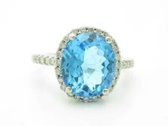 LIV 14KT White Gold Genuine White Diamond Pave Large Blue Topaz Oval Halo Ring Gift