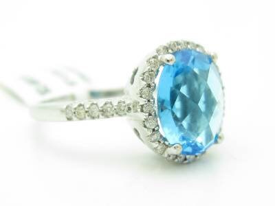 LIV 14KT White Gold Genuine White Diamond Pave Large Blue Topaz Oval Halo Ring Gift