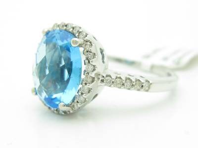 LIV 14KT White Gold Genuine White Diamond Pave Large Blue Topaz Oval Halo Ring Gift