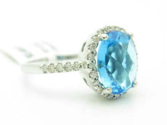 LIV 14KT White Gold Genuine White Diamond Pave Large Blue Topaz Oval Halo Ring Gift