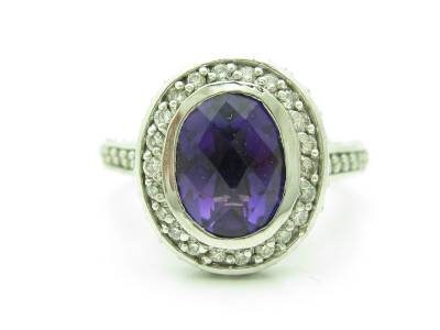 LIV 14KT White Gold Genuine White Diamond Pave Purple Amethyst Oval Halo Ring Gift