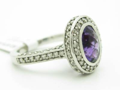 LIV 14KT White Gold Genuine White Diamond Pave Purple Amethyst Oval Halo Ring Gift