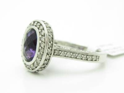 LIV 14KT White Gold Genuine White Diamond Pave Purple Amethyst Oval Halo Ring Gift
