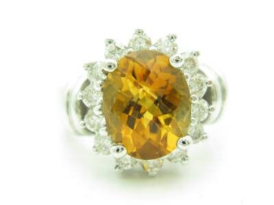 LIV 14KT White Gold Genuine White Diamond & Golden Citrine Oval Cocktail Ring Gift