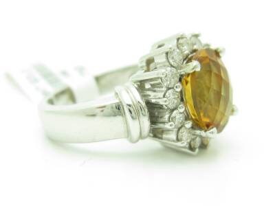 LIV 14KT White Gold Genuine White Diamond & Golden Citrine Oval Cocktail Ring Gift