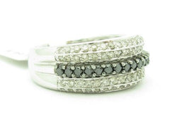 LIV 14KT Solid White Gold Genuine White & Black Diamond Pave Set Wide Band Ring Gift