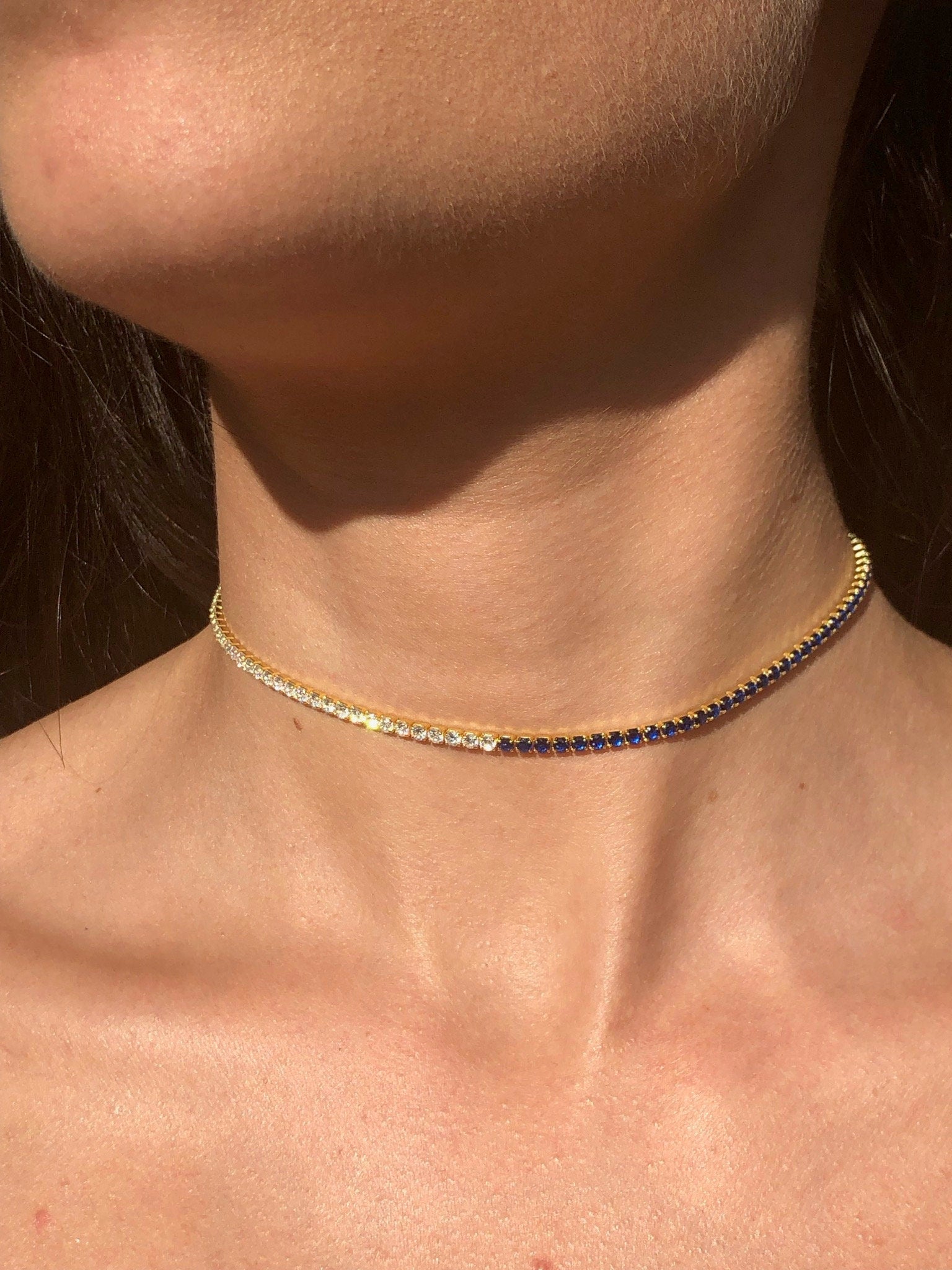 LIV 18k Yellow Gold Sterling Silver Blue & White Sapphire Thin Choker Tennis Necklace 14"-16" L