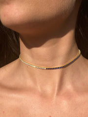 LIV 18k Yellow Gold Sterling Silver Blue & White Sapphire Thin Choker Tennis Necklace 14"-16" L