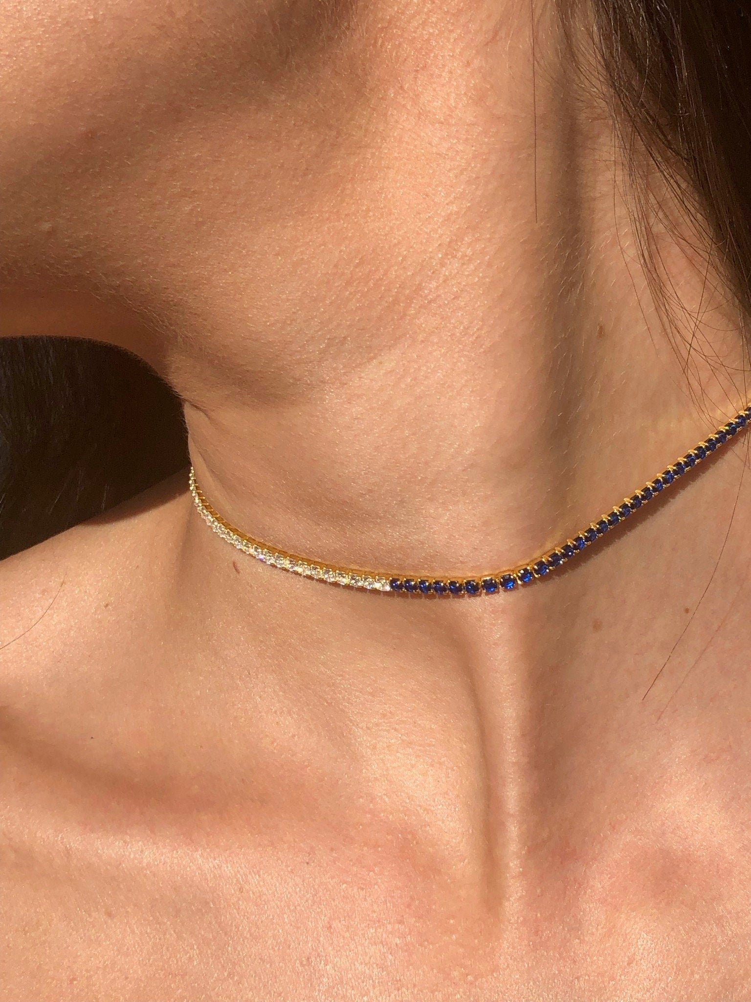 LIV 18k Yellow Gold Sterling Silver Blue & White Sapphire Thin Choker Tennis Necklace 14"-16" L