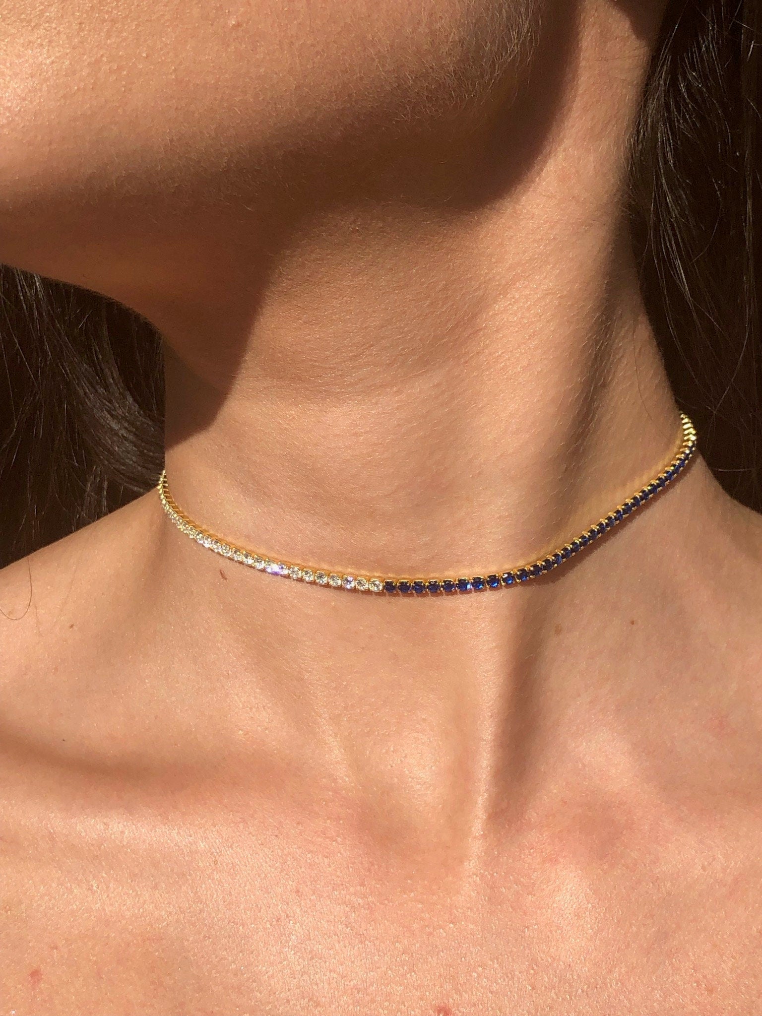 LIV 18k Yellow Gold Sterling Silver Blue & White Sapphire Thin Choker Tennis Necklace 14"-16" L