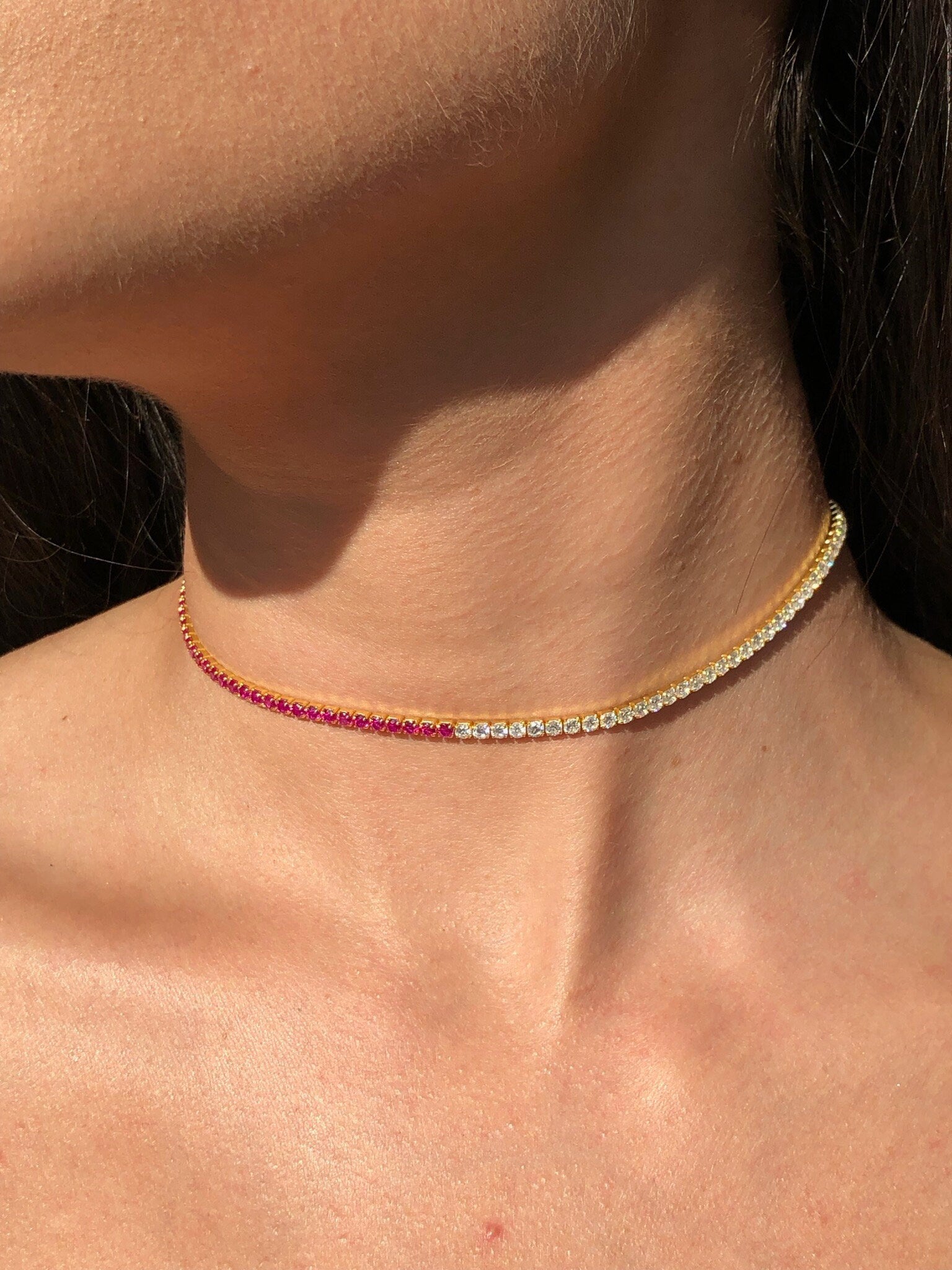 LIV 18k Yellow Gold Sterling Silver Pink & White Sapphire Thin Choker Tennis Necklace 14"-16" L