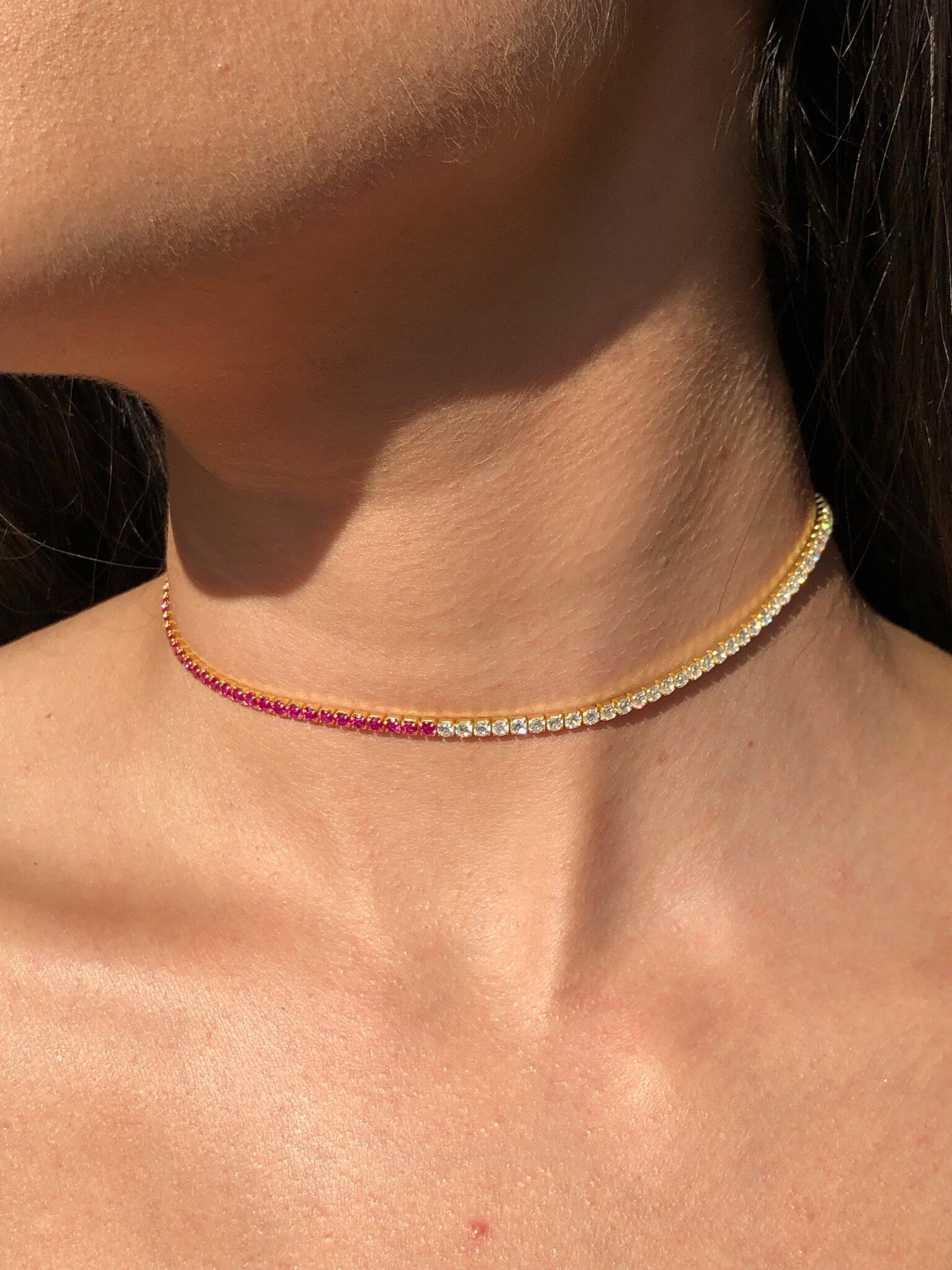 LIV 18k Yellow Gold Sterling Silver Pink & White Sapphire Thin Choker Tennis Necklace 14"-16" L