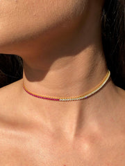 LIV 18k Yellow Gold Sterling Silver Pink & White Sapphire Thin Choker Tennis Necklace 14"-16" L