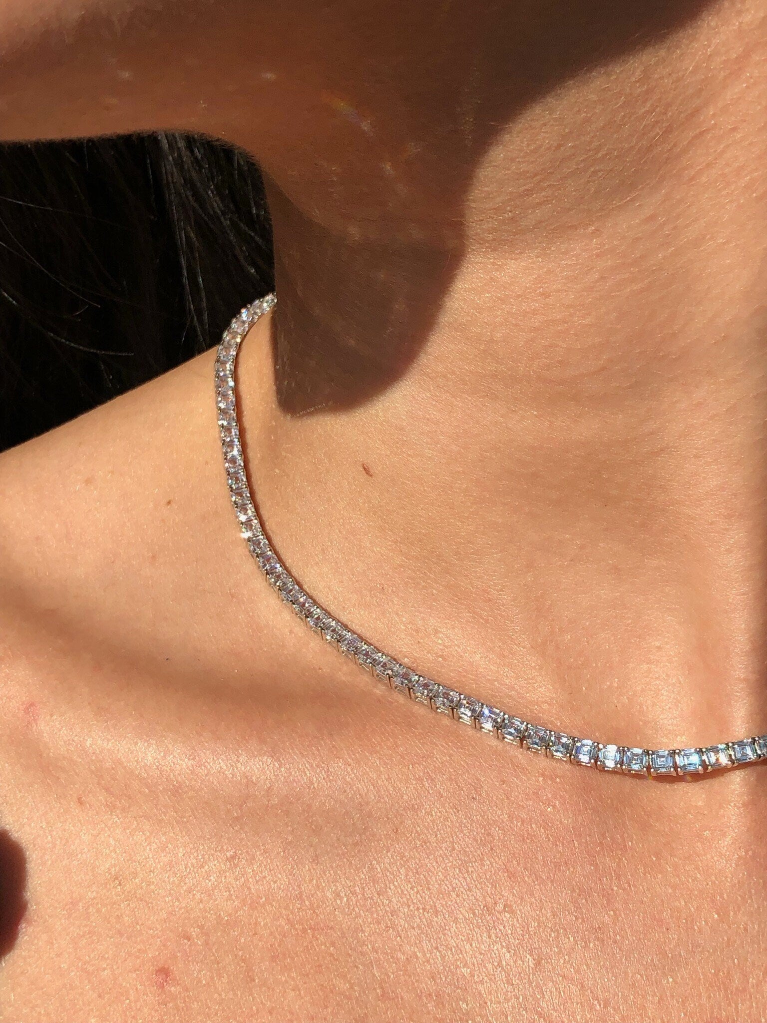 LIV Platinum Sterling Silver White Sapphire Asscher Cut Classic Tennis Necklace 16"L