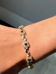 LIV 14k Two Tone Gold & Diamonds Blue Sapphire Halo Design Tennis Bracelet 7" Length