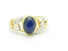 LIV 14k Yellow Gold Genuine Diamond Blue Sapphire Cabochon Oval Stone Ring