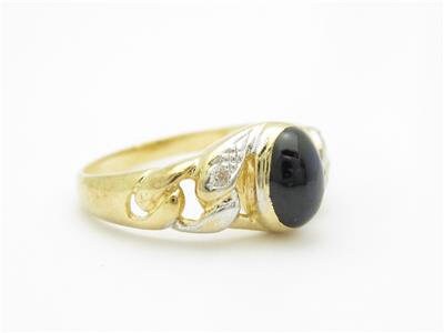 LIV 14k Yellow Gold Genuine Diamond Blue Sapphire Cabochon Oval Stone Ring