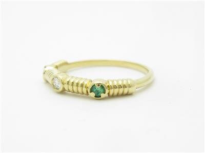 LIV 14k Yellow Gold Genuine Diamond Green Emerald Cable Design Band Ring