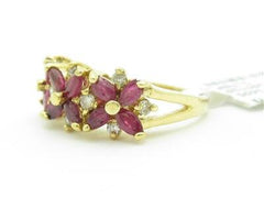 LIV 14k Solid Yellow Gold Genuine Red Ruby & Diamond Marquee Design Band Ring