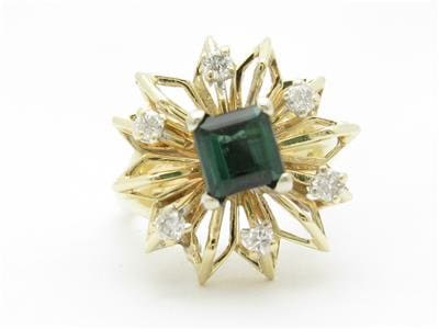 LIV 14k Yellow Gold & Diamonds Green Emerald Vintage Style Cocktail Design Dome Ring Gift